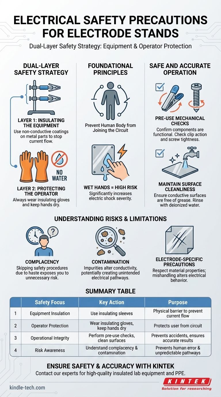 ما هي احتياطات السلامة الكهربائية التي يجب اتخاذها عند استخدام حامل القطب الكهربائي؟ استراتيجية أمان مزدوجة الطبقات دليل مرئي