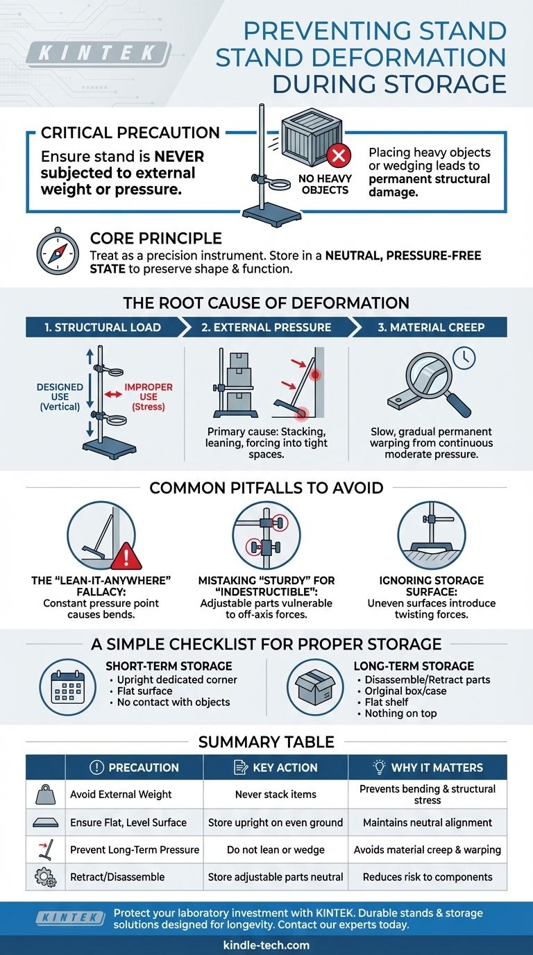 What precautions should be taken to prevent deformation of the stand during storage? Avoid Costly Equipment Damage Visual Guide