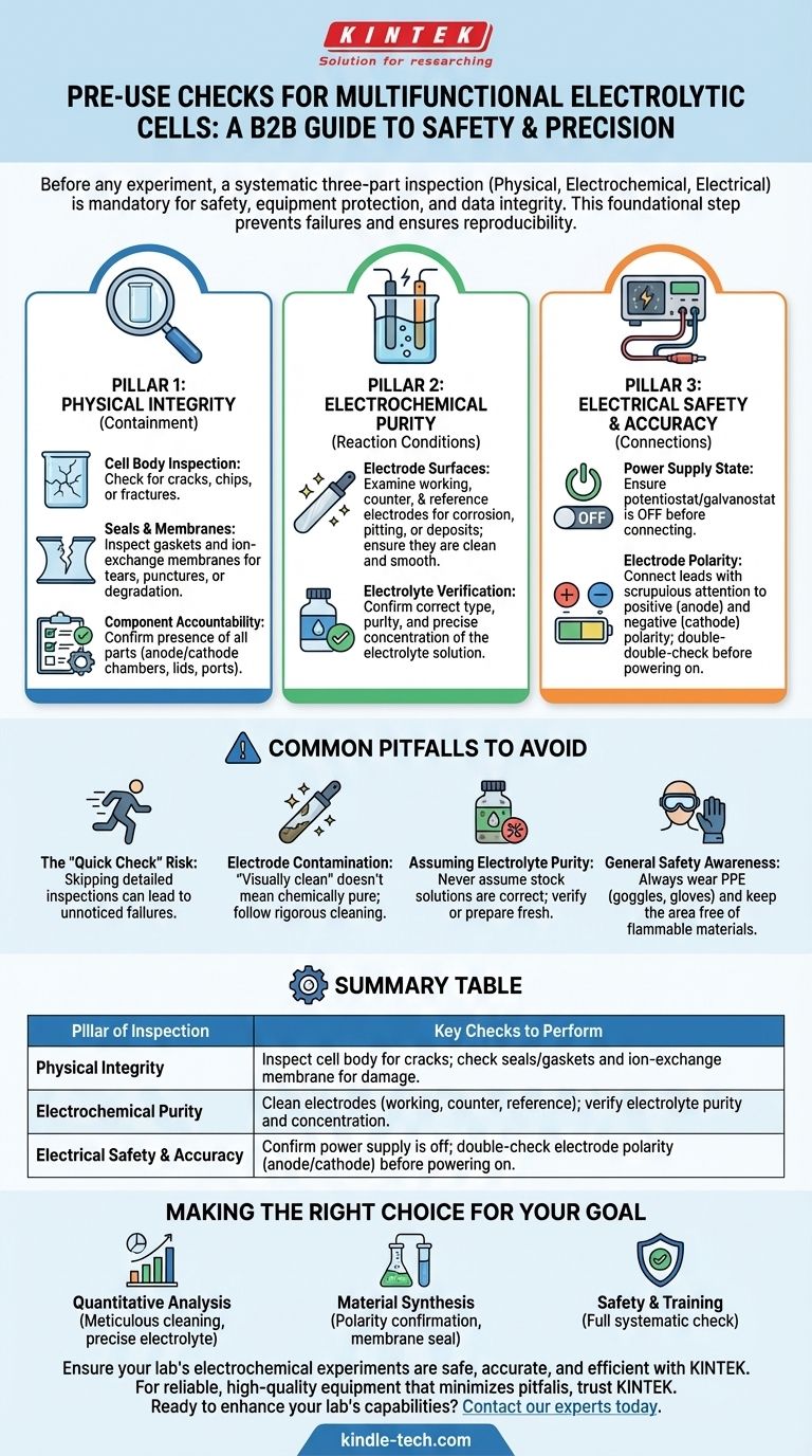 Quelles vérifications faut-il effectuer avant d'utiliser la cellule électrolytique multifonctionnelle ? Un guide en 3 étapes pour assurer la sécurité et la précision Guide Visuel