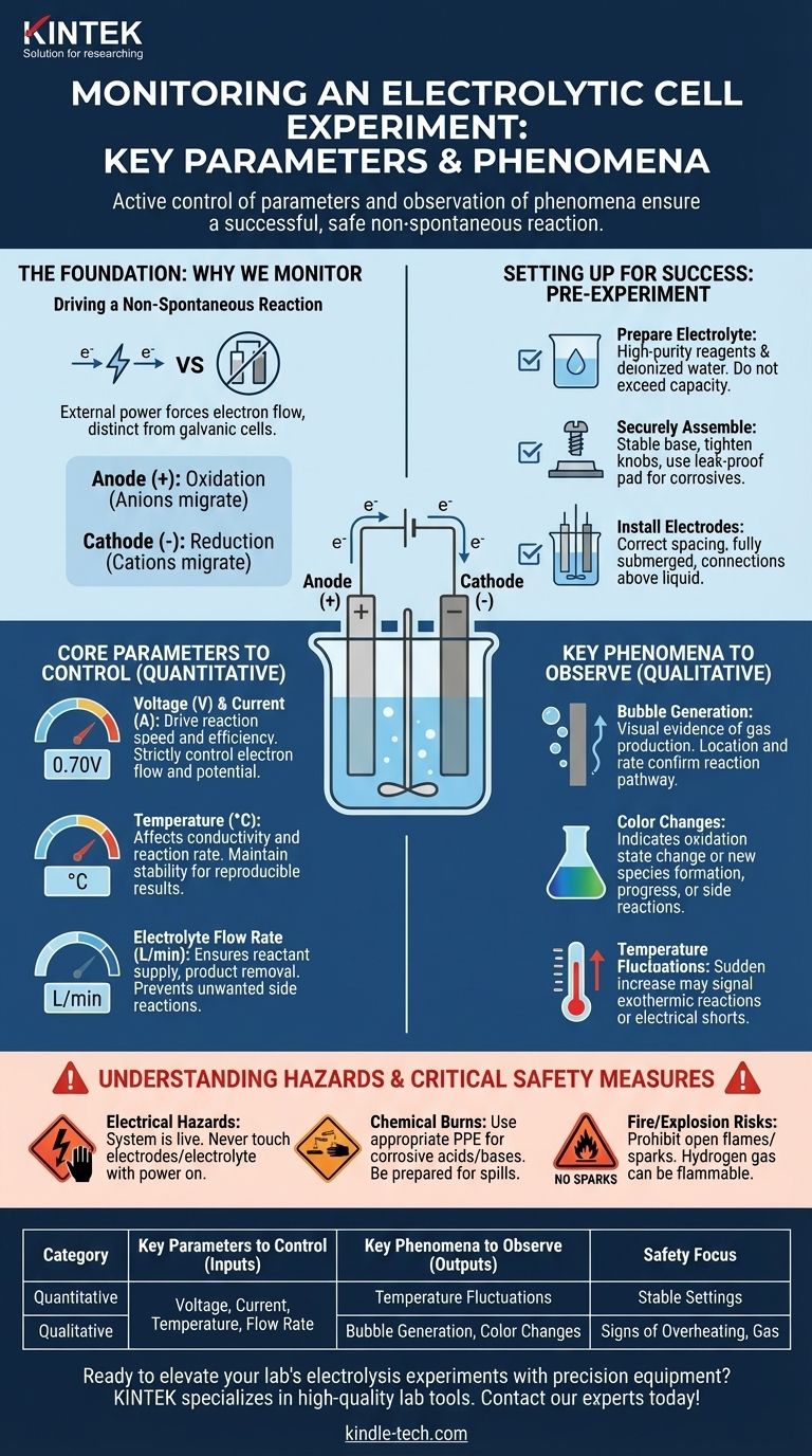 Quali parametri e fenomeni dovrebbero essere monitorati durante un esperimento che utilizza la cella elettrolitica? Garantire un'elettrolisi sicura ed efficiente Guida Visiva
