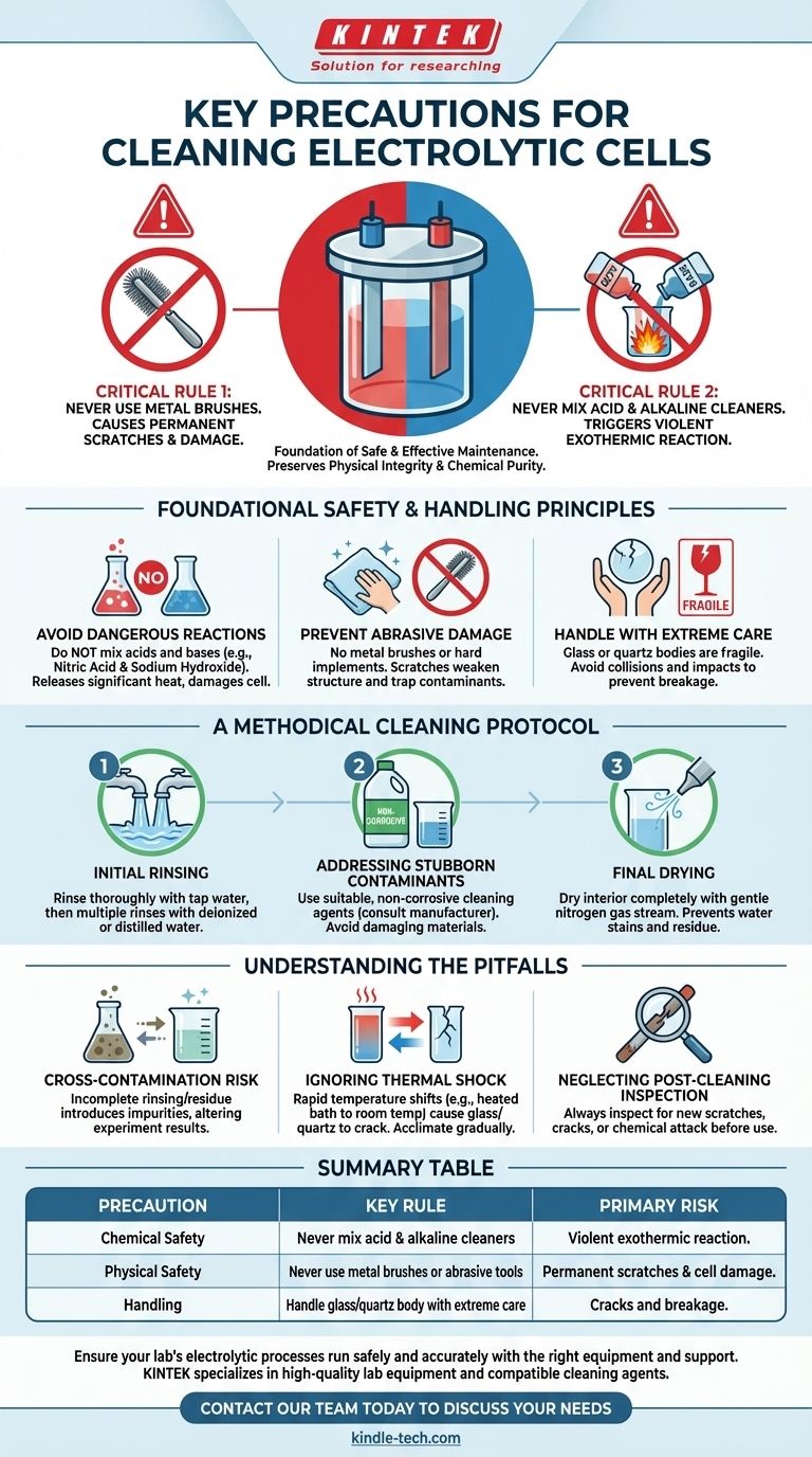 전해조 청소를 위한 주요 주의사항은 무엇인가요? 손상 방지 및 안전 확보 시각적 가이드