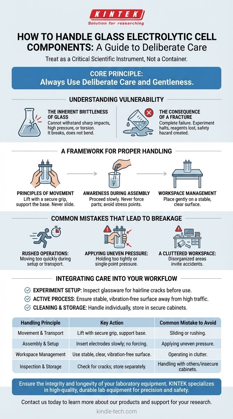 How should the glass components of the electrolytic cell be handled? A Guide to Preventing Breakage and Ensuring Safety Visual Guide