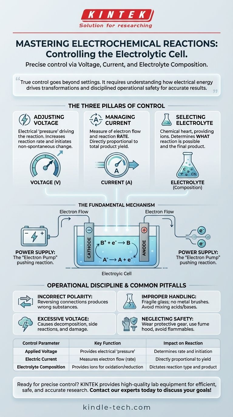 ¿Cómo se puede controlar la reacción electroquímica al utilizar esta celda electrolítica? Domine el voltaje, la corriente y el electrolito Guía Visual