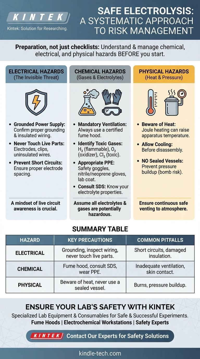 Quelles sont les précautions de sécurité nécessaires lors d'une expérience d'électrolyse ? Un guide pour gérer les dangers chimiques, électriques et physiques Guide Visuel
