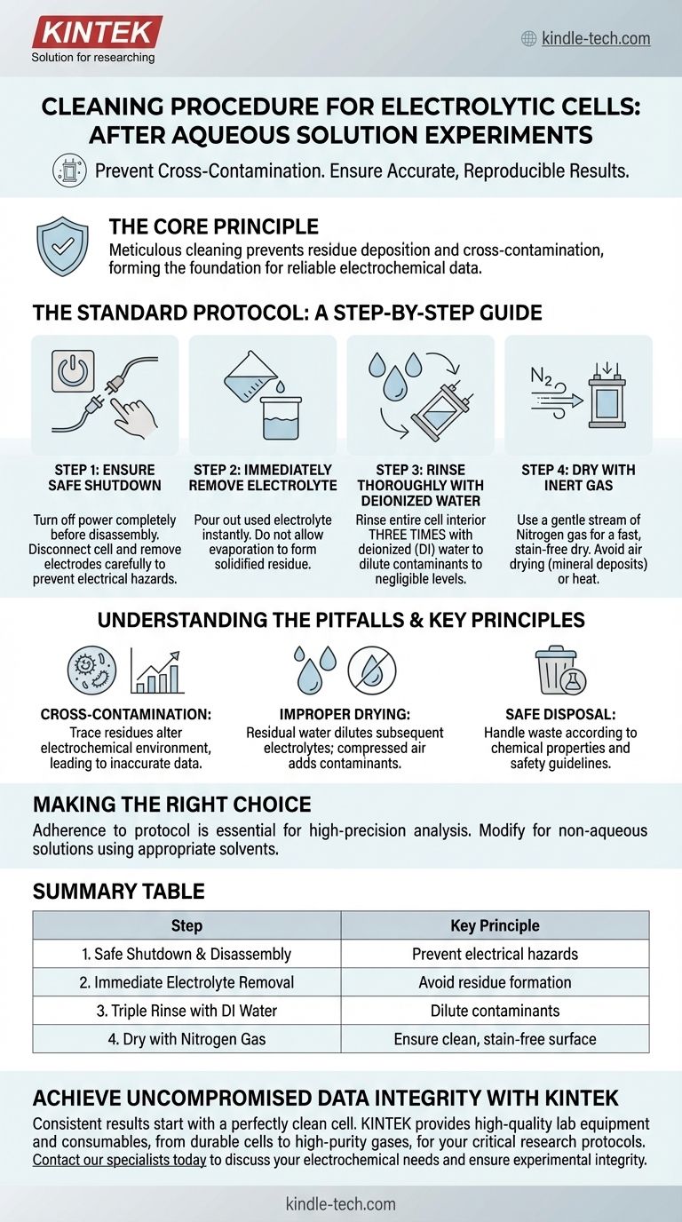 ¿Cuál es el procedimiento de limpieza para la celda electrolítica después de un experimento típico con solución acuosa? Una guía para resultados fiables Guía Visual