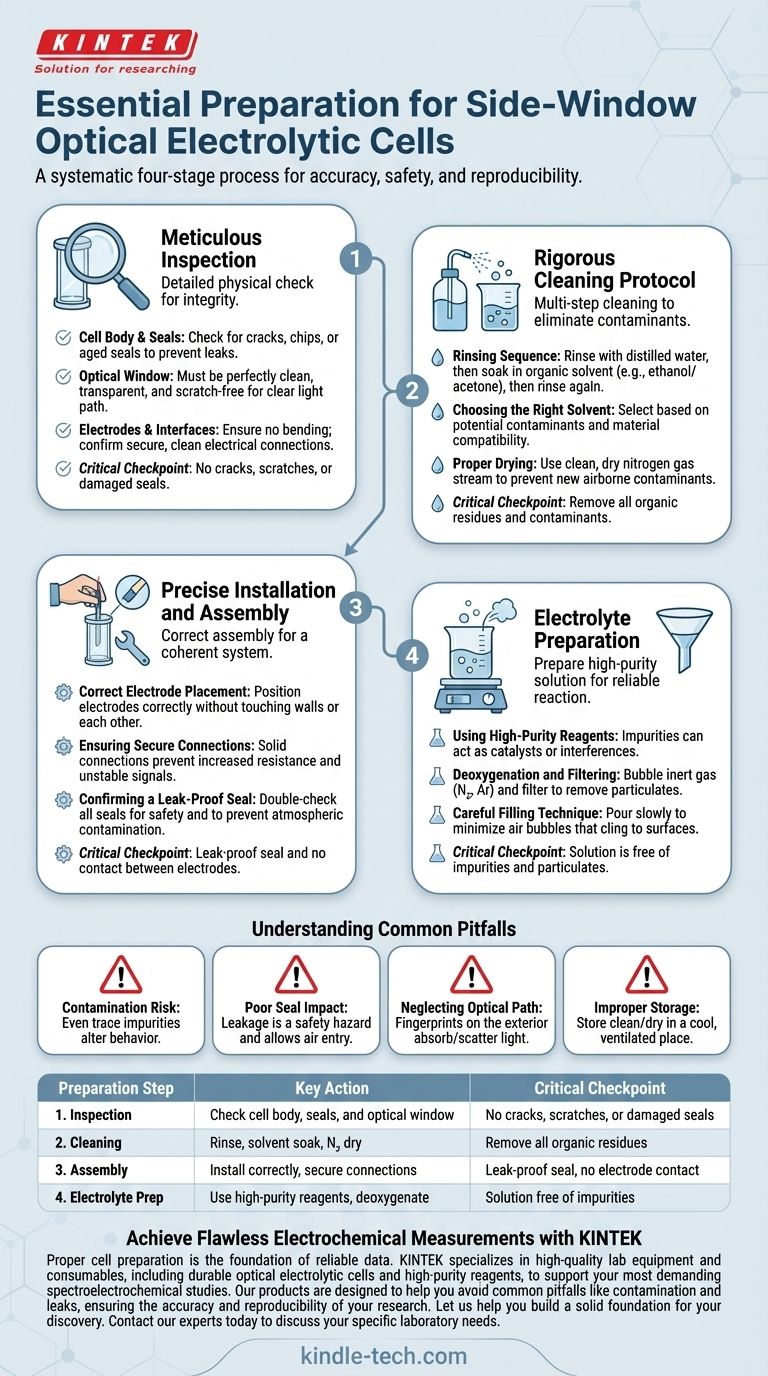 Каковы необходимые этапы подготовки перед использованием оптической электрохимической ячейки с боковым окном? Обеспечьте точные спектроэлектрохимические данные Визуальное руководство