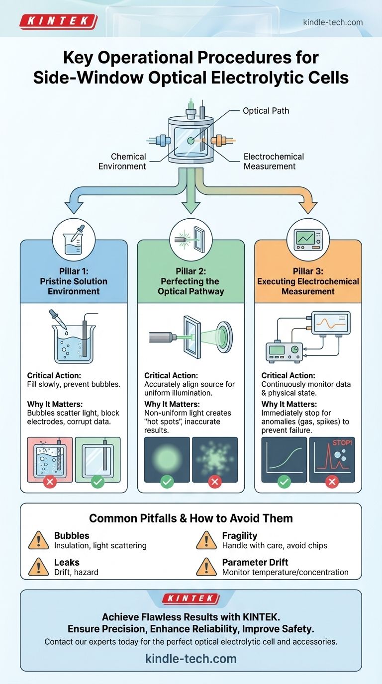 Каковы ключевые операционные процедуры во время эксперимента с оптической электролитической ячейкой с боковым окном? Обеспечьте точные измерения без пузырьков Визуальное руководство