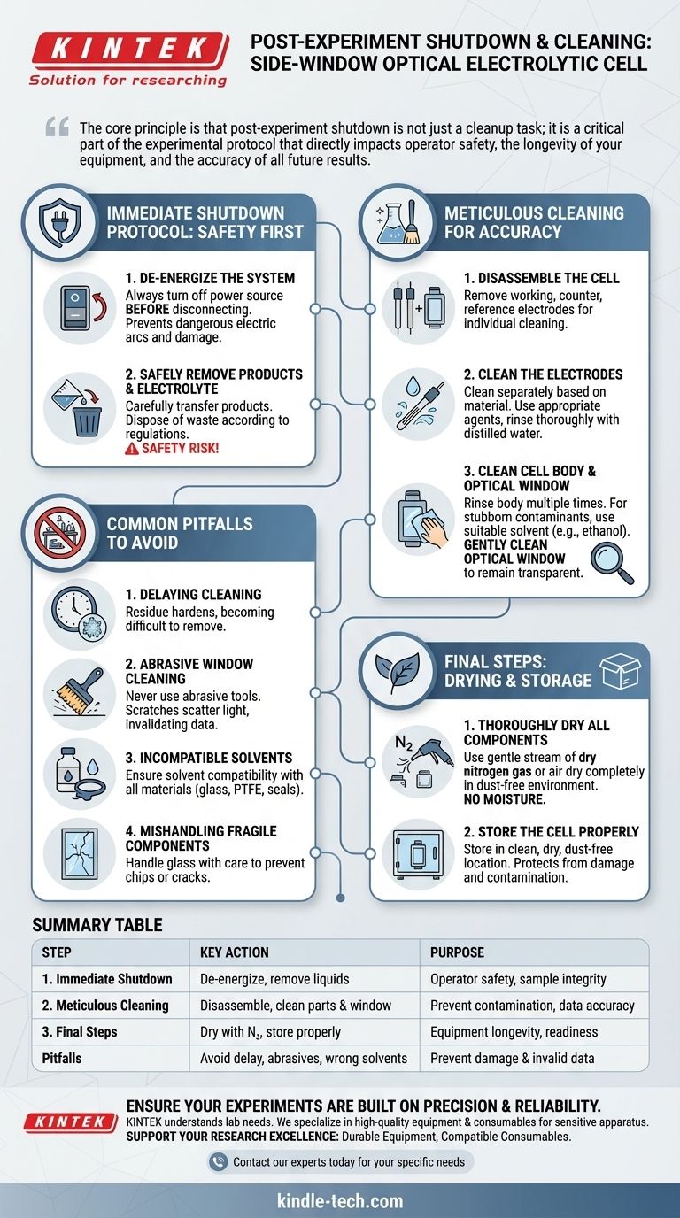 Wie lautet das korrekte Verfahren für die Stilllegung und Reinigung einer optischen Elektrolysezelle mit Seitenfenster nach dem Experiment? Sicherheit und Datengenauigkeit gewährleisten Visuelle Anleitung