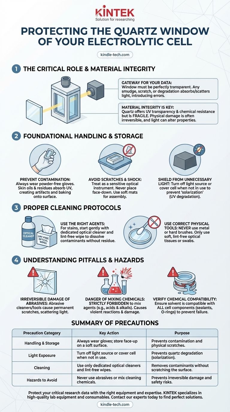 Que precauções devem ser tomadas para proteger a janela de quartzo da célula eletrolítica? Garanta Dados Espectroeletroquímicos Precisos Guia Visual