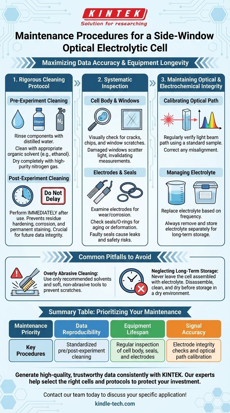 Quelles sont les procédures d'entretien recommandées pour une cellule électrolytique optique à fenêtre latérale ? Assurer la précision des données et prolonger la durée de vie de la cellule Guide Visuel
