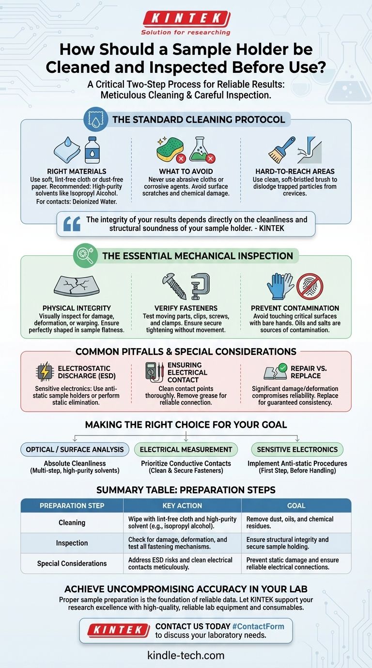 ¿Cómo se debe limpiar e inspeccionar un portamuestras antes de usarlo? Asegure resultados de laboratorio confiables Guía Visual