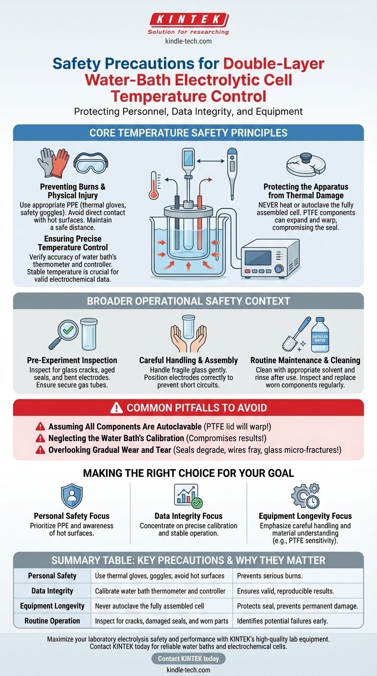 ما هي احتياطات السلامة اللازمة للتحكم في درجة الحرارة عند استخدام خلية تحليل كهربائي بحوض مائي مزدوج الطبقات؟ ضمان تجارب آمنة ودقيقة دليل مرئي