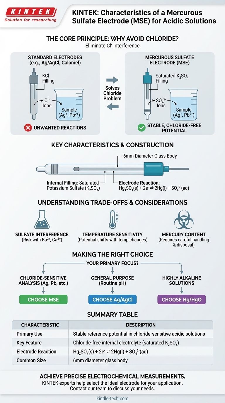 ما هي خصائص قطب كبريتات الزئبقوز (mercurous sulfate electrode) للمحاليل الحمضية؟ مرجع خالٍ من الكلوريد لقياسات دقيقة دليل مرئي