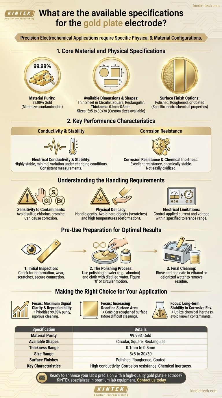 What are the available specifications for the gold plate electrode? Optimize Your Electrochemical Analysis Visual Guide