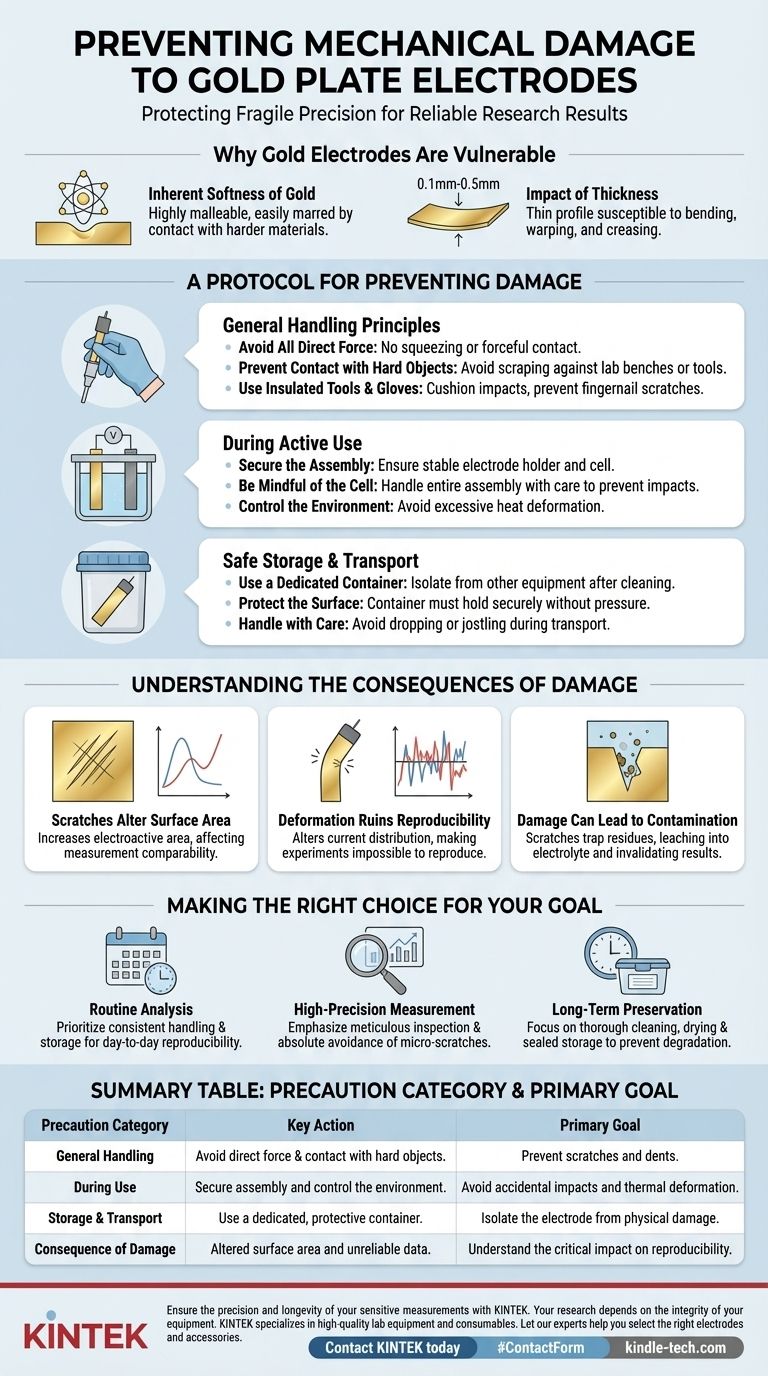 Que precauções devem ser tomadas para evitar danos mecânicos a um eletrodo de placa de ouro? Proteja a Integridade dos Seus Dados Guia Visual