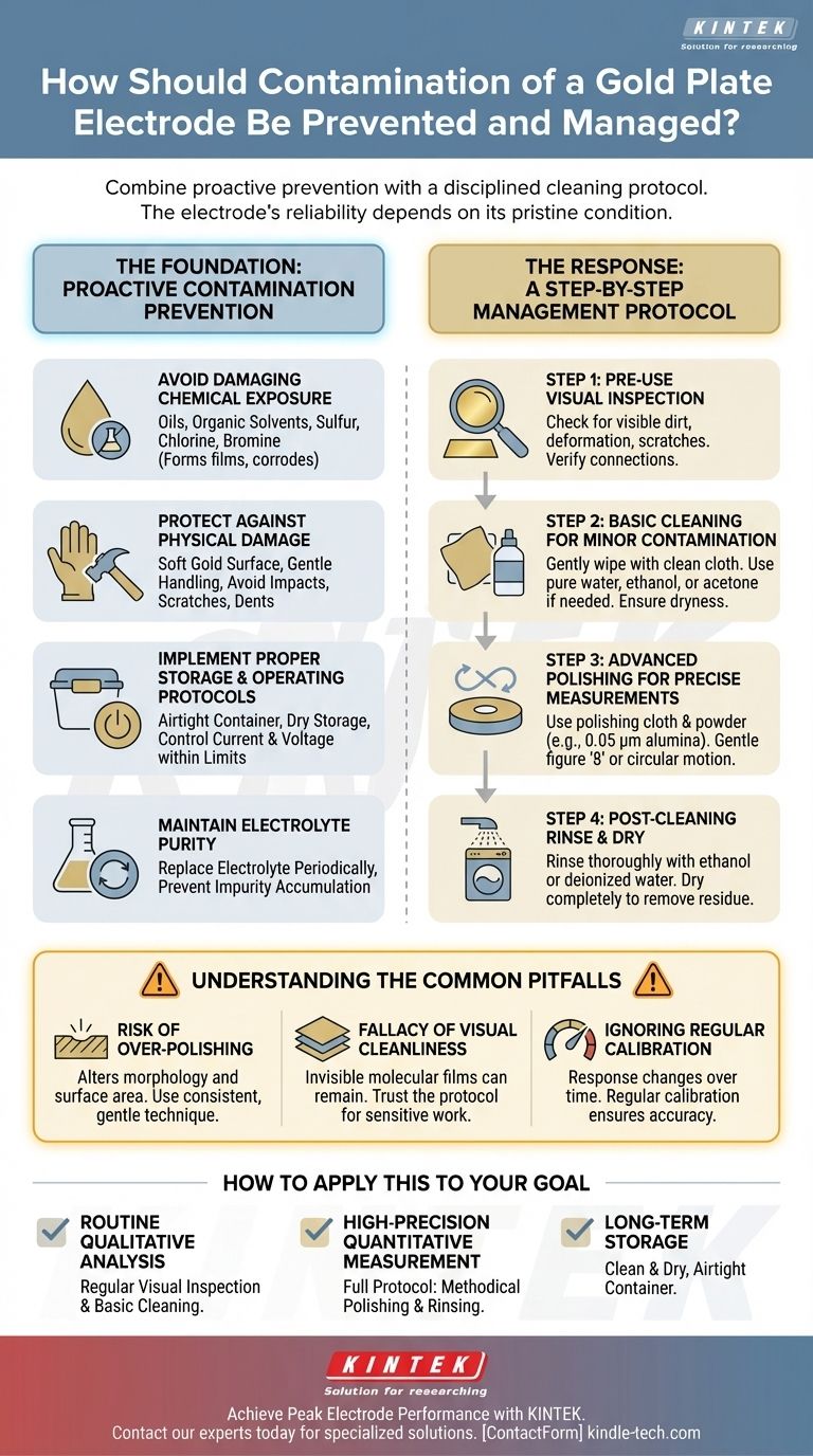 How should contamination of a gold plate electrode be prevented and managed? Essential Care for Reliable Data Visual Guide