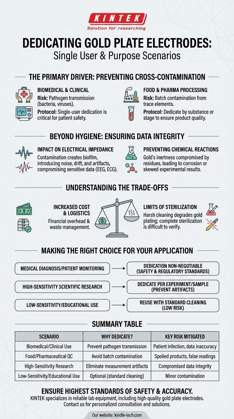 In what scenarios should a gold plate electrode be dedicated to a single user or purpose? Ensure Patient Safety and Data Integrity Visual Guide