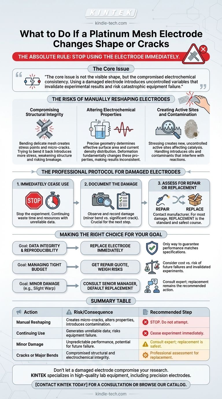 What should be done if a platinum mesh electrode changes shape or develops cracks? Stop Use Immediately to Protect Your Data Visual Guide