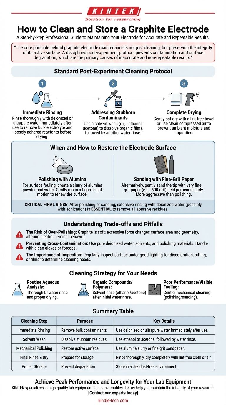 How should a graphite electrode be cleaned and stored after an experiment? Ensure Reliable Electrochemical Data Visual Guide