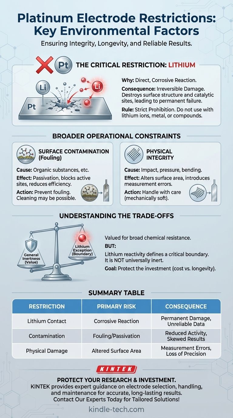 Quelle est une restriction environnementale clé pour l'utilisation des électrodes en platine ? Éviter le lithium pour prévenir la corrosion Guide Visuel