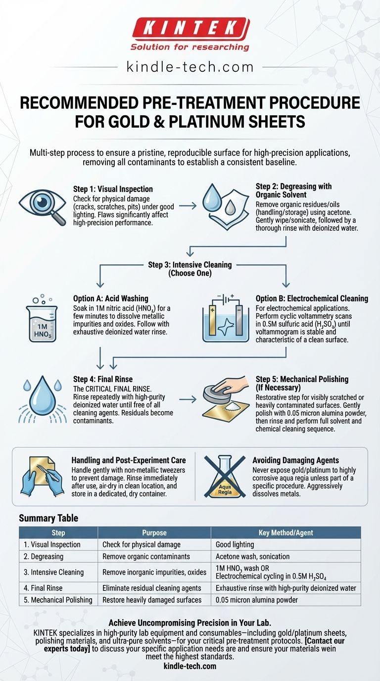 ما هو إجراء المعالجة الأولية الموصى به لصفائح الذهب أو البلاتين قبل الاستخدام؟ ضمان سطح نقي وقابل للتكرار دليل مرئي