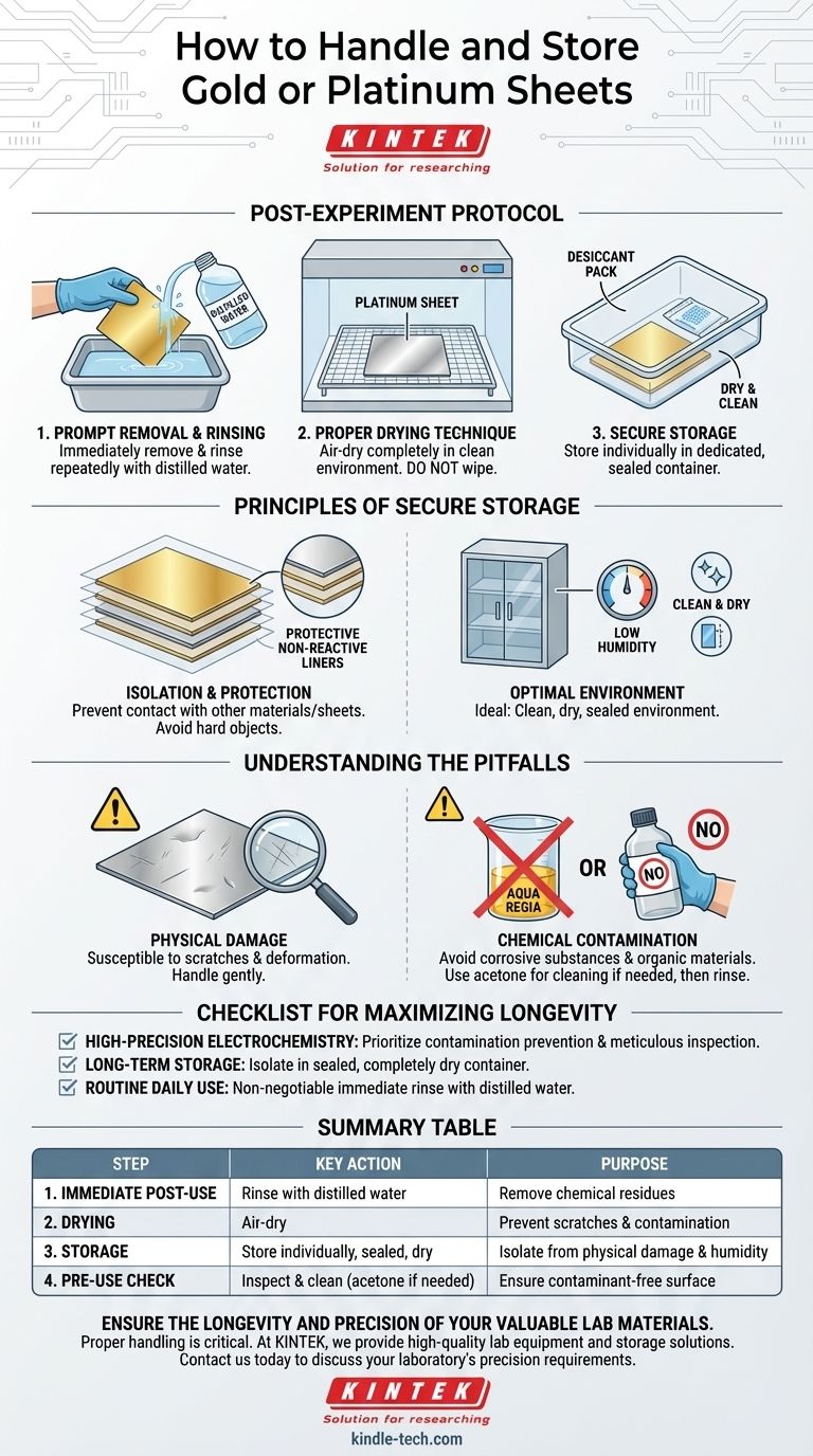 How should gold or platinum sheets be handled and stored after use? Preserve Surface Integrity for Precision Work Visual Guide