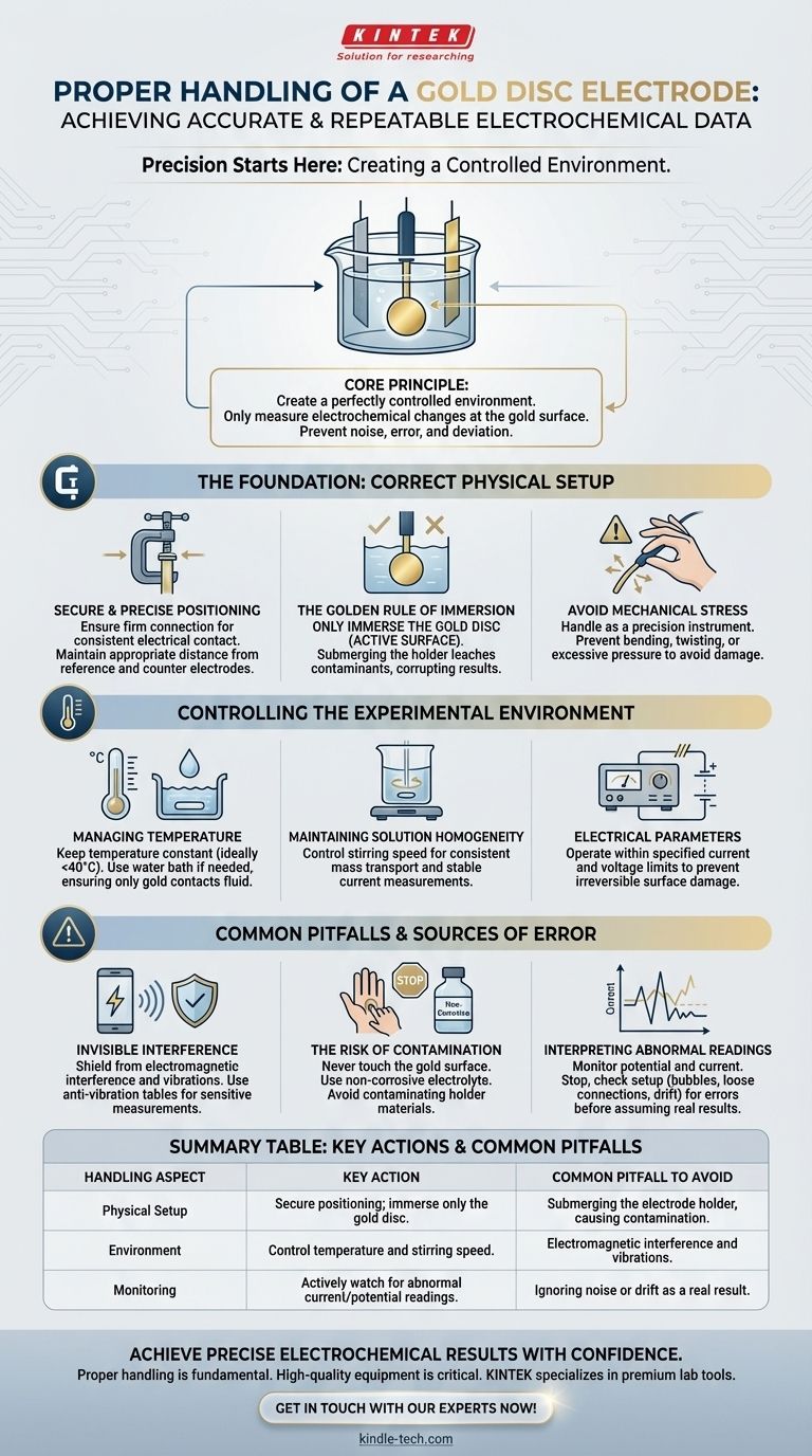 How should a gold disc electrode be handled during an experiment? Ensure Accurate Electrochemical Measurements Visual Guide