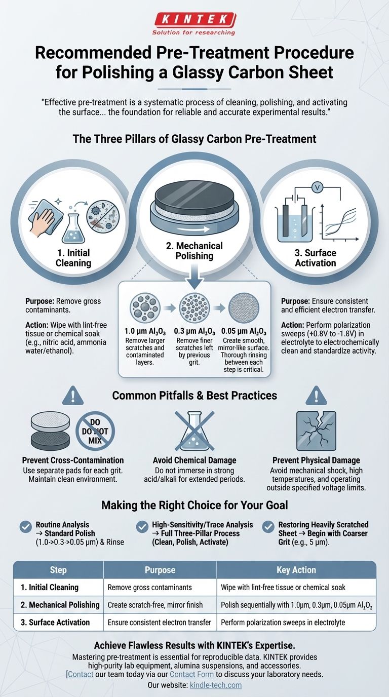 Quelle est la procédure de prétraitement recommandée pour le polissage d'une feuille de carbone vitreux ? Obtenir une surface miroir et exempte de contaminants Guide Visuel