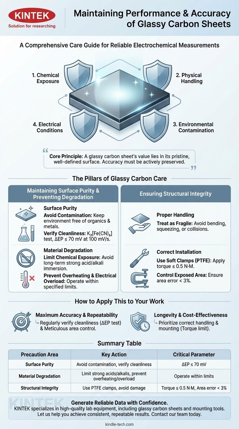 ما هي الاحتياطات العامة التي ينبغي اتخاذها للحفاظ على أداء ودقة صفائح الكربون الزجاجي؟ ضمان بيانات كهروكيميائية موثوقة دليل مرئي