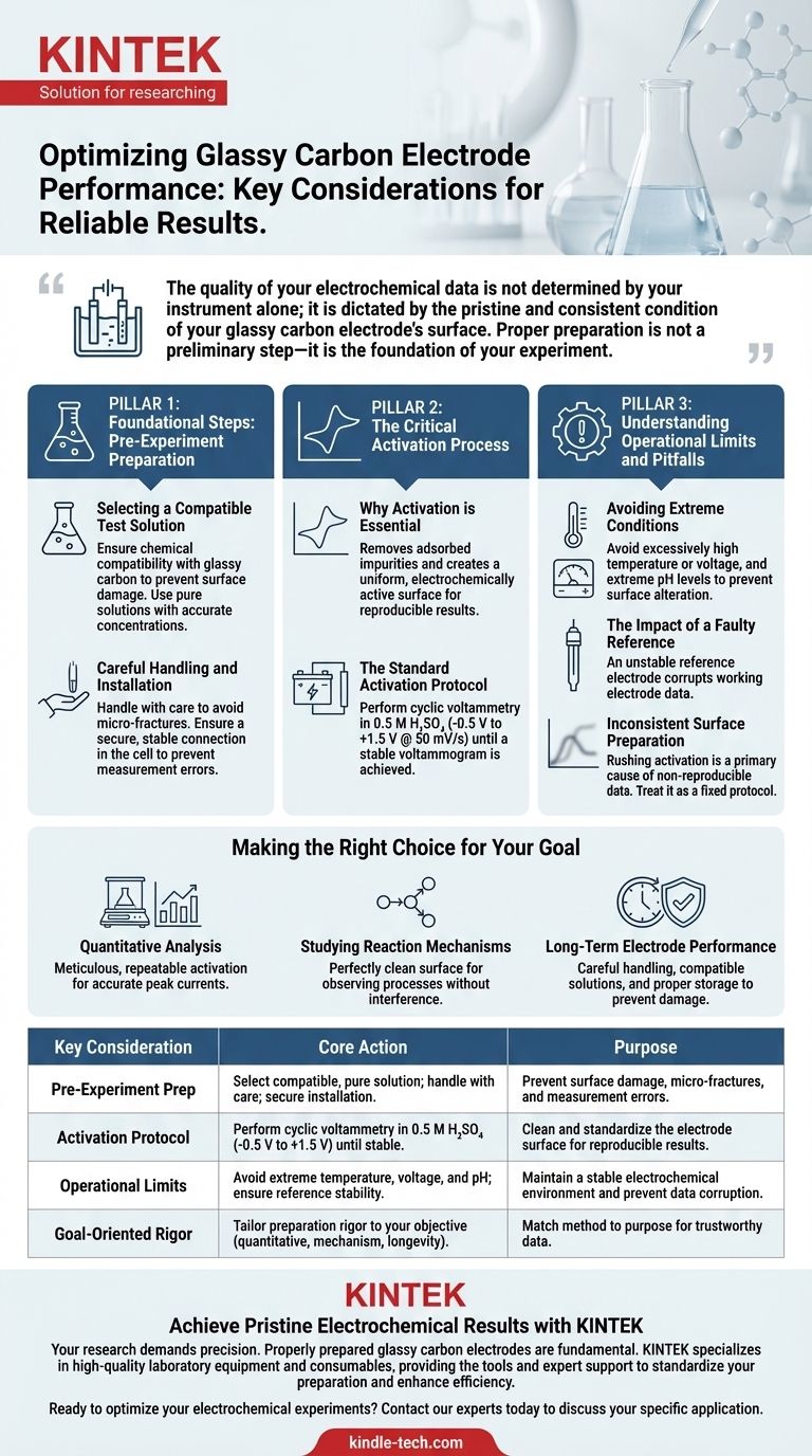 What considerations should be taken when using a glassy carbon electrode during an experiment? Ensure Reliable Electrochemical Data Visual Guide