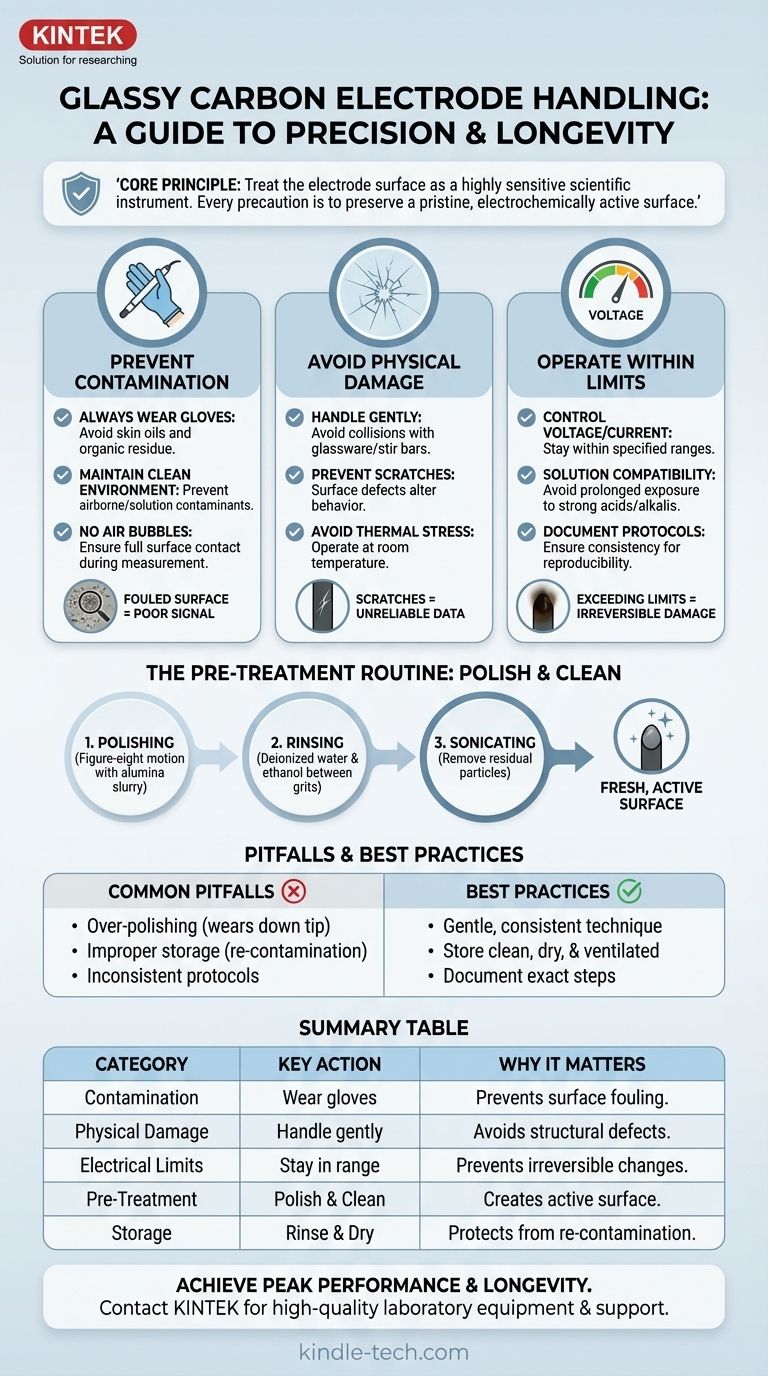 Quais são as principais precauções a serem tomadas ao manusear um eletrodo de carbono vítreo? Garanta Dados Eletroquímicos Precisos Guia Visual