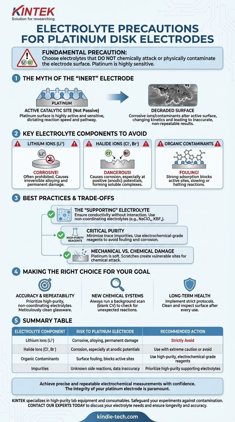 백금 디스크 전극을 사용할 때 전해질과 관련하여 어떤 일반적인 예방 조치를 취해야 합니까? 정확한 결과를 위해 부식성 이온을 피하십시오 시각적 가이드