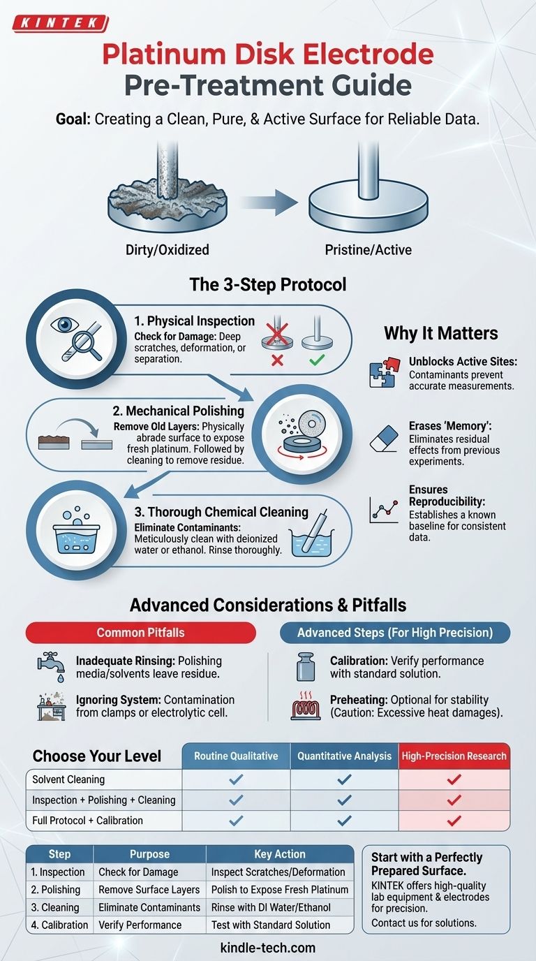 What are the necessary pre-treatment steps for a platinum disk electrode before an experiment? Achieve Reliable Electrochemical Data Visual Guide