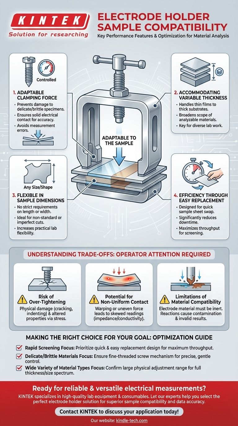 What are the key performance features of an electrode holder regarding sample compatibility? Ensuring Reliable Contact for Diverse Materials Visual Guide