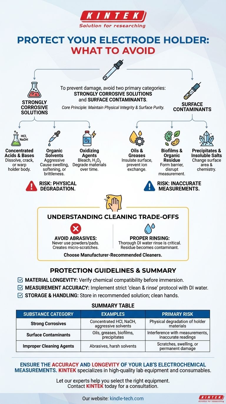 전극 홀더의 오염이나 손상을 방지하기 위해 피해야 할 물질의 종류는 무엇입니까? 실험실 장비를 보호하세요 시각적 가이드