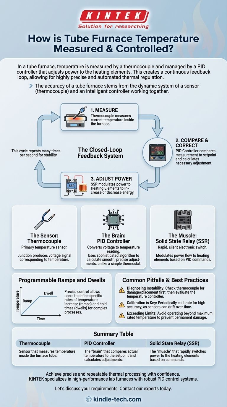 How is the temperature in a tube furnace measured and controlled? Master Precise Thermal Processing Visual Guide