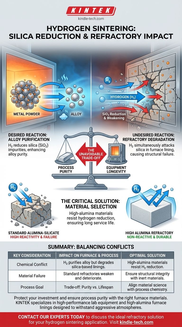 Comment la réduction chimique de la silice lors du frittage à l'hydrogène affecte-t-elle les matériaux réfractaires du four ? Assurez la longévité avec le bon revêtement. Guide Visuel