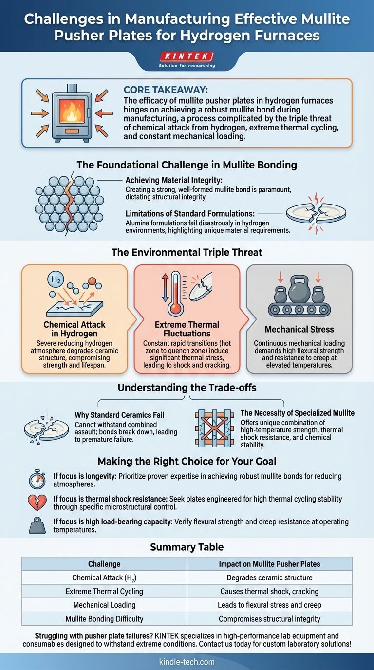 ¿Qué hace que la fabricación de placas empujadoras de mulita efectivas para hornos de hidrógeno sea un desafío? Superando el calor extremo, el estrés y el ataque de hidrógeno Guía Visual
