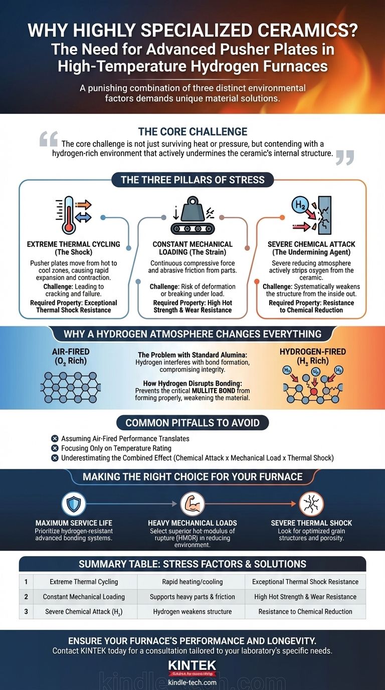 Quels facteurs combinés créent le besoin de céramiques hautement spécialisées pour les plaques poussoirs dans les fours à hydrogène à haute température ? Guide Visuel