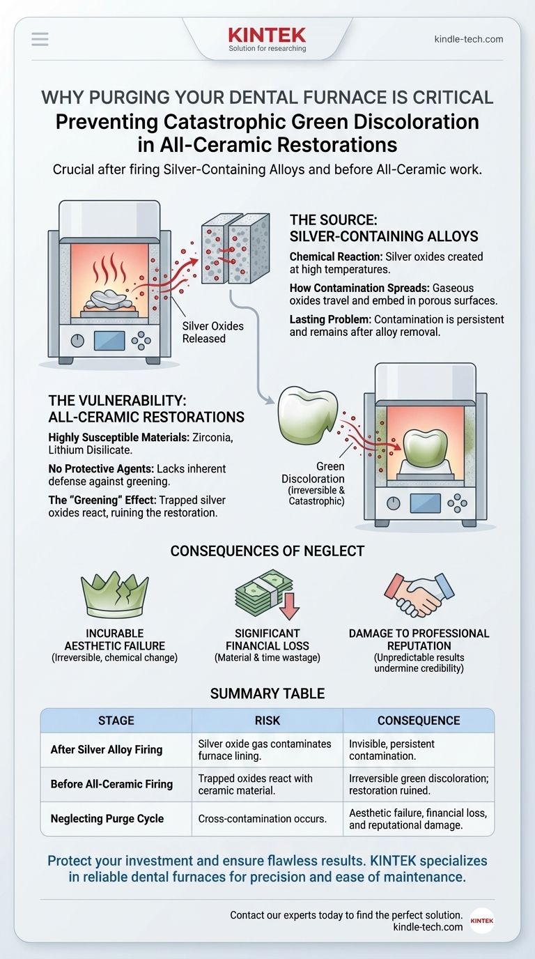 ¿Por qué es fundamental purgar un horno utilizado tanto para aleaciones que contienen plata como para restauraciones de cerámica pura? Evitar el enverdecimiento catastrófico Guía Visual
