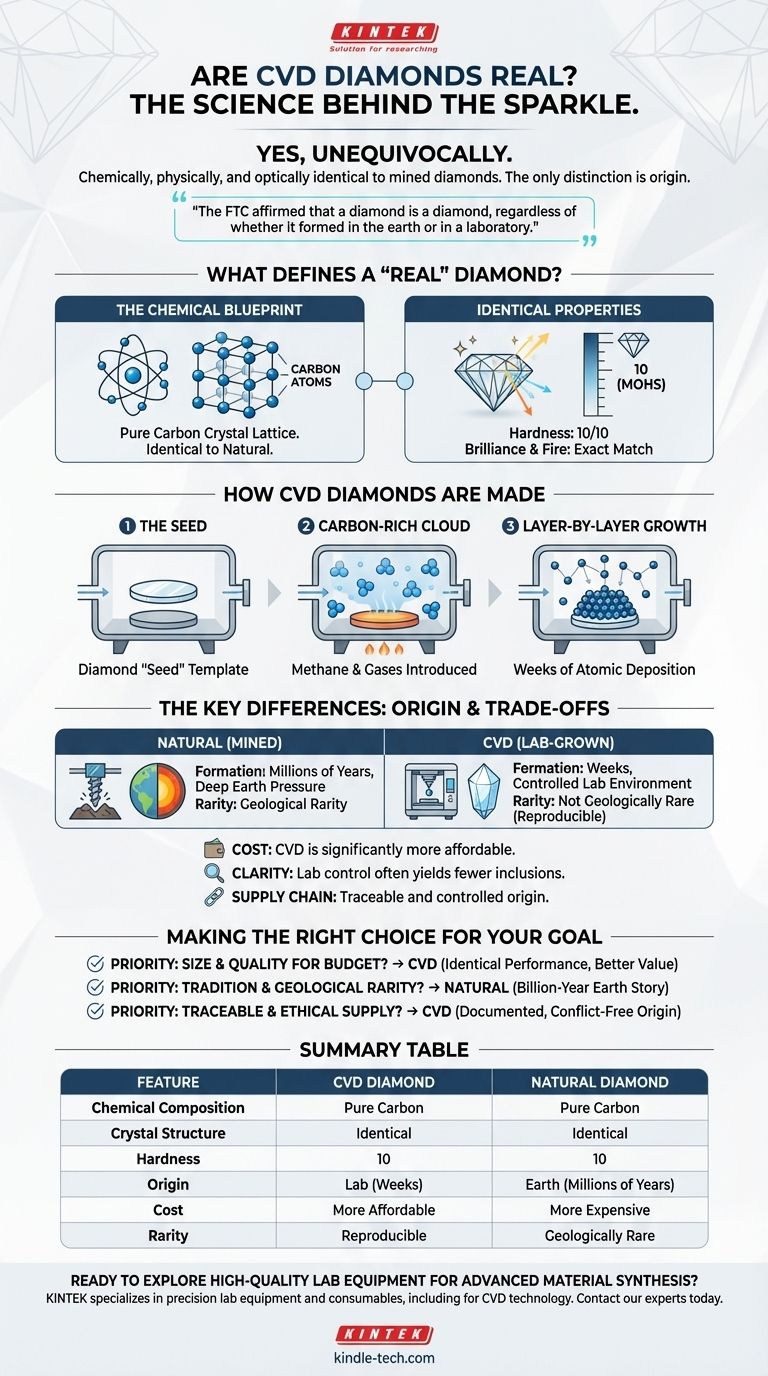 هل ألماس CVD حقيقي؟ نعم، وهي متطابقة كيميائيًا مع الألماس المستخرج من المناجم. دليل مرئي