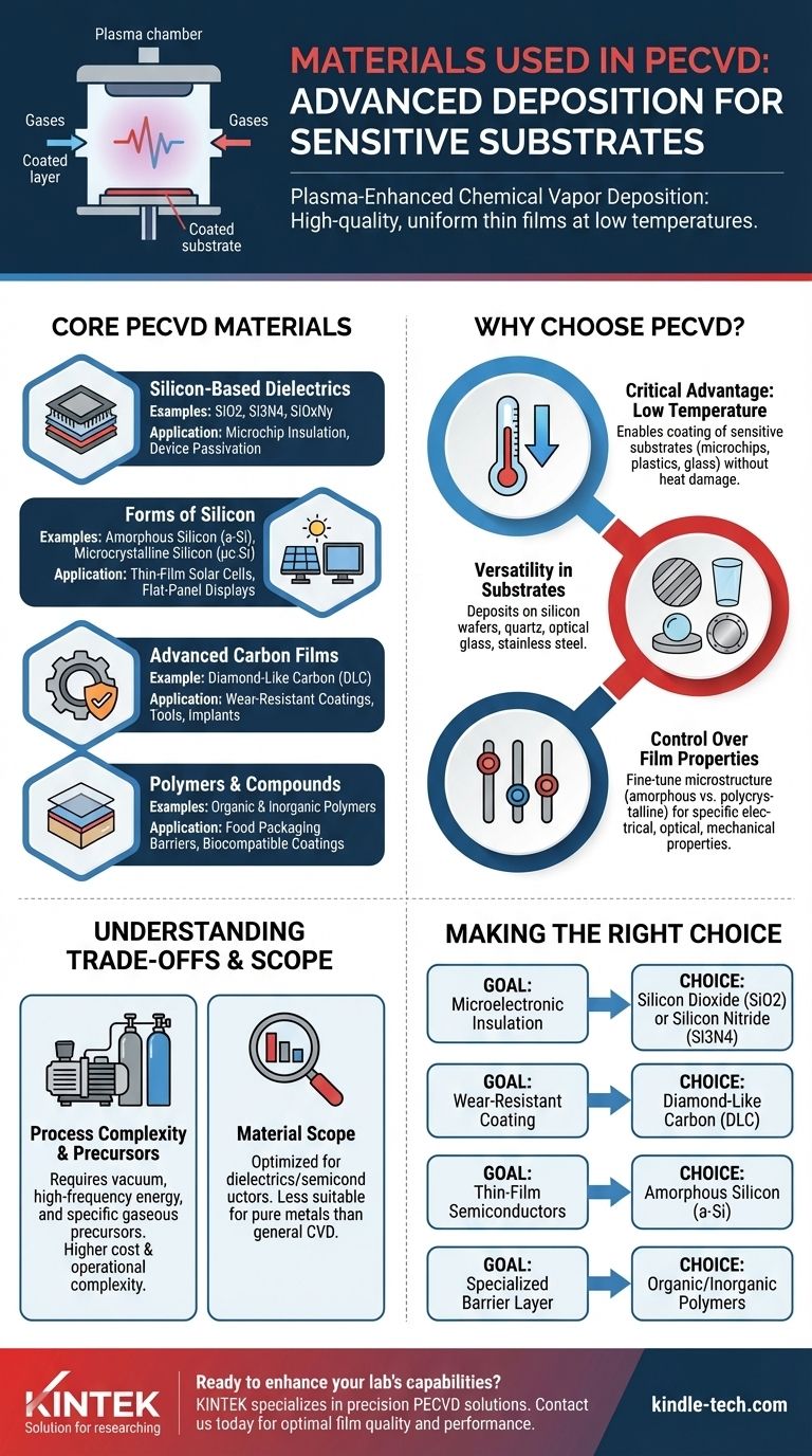 ما هي المواد المستخدمة في PECVD؟ اكتشف الترسيب بدرجة حرارة منخفضة للركائز الحساسة دليل مرئي