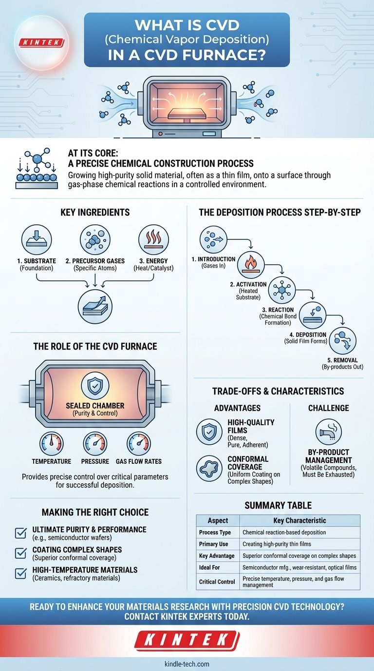 ما هو الترسيب الكيميائي للبخار في فرن الترسيب الكيميائي للبخار (CVD)؟ دليل لنمو الأغشية الرقيقة عالية النقاء دليل مرئي