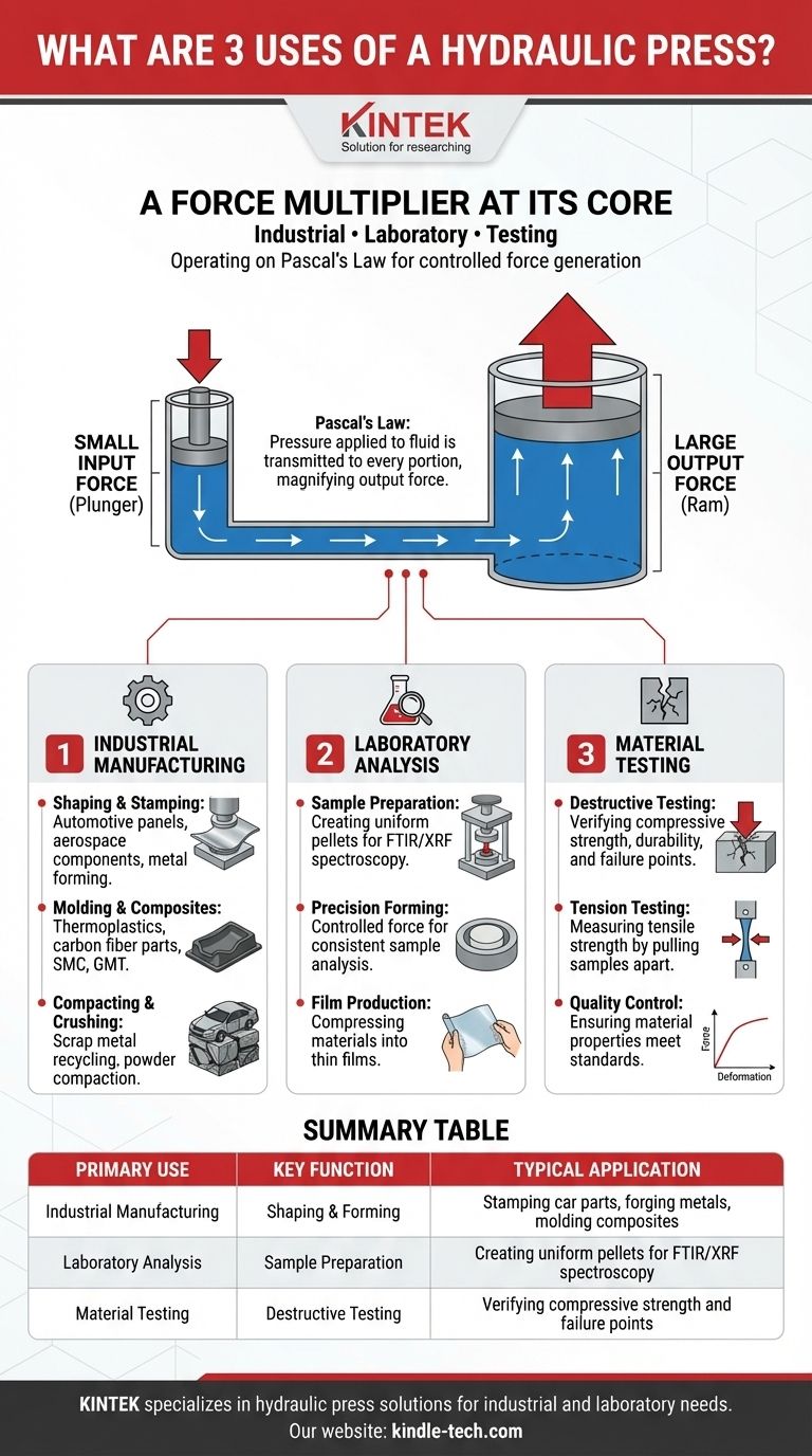유압 프레스의 3가지 용도는 무엇인가요? 산업 및 과학 분야의 힘 증폭을 알아보세요 시각적 가이드