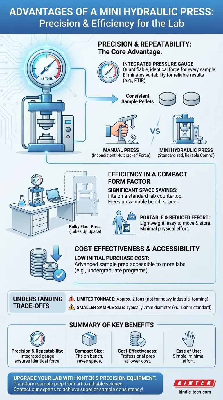 Quali sono i vantaggi di una mini pressa idraulica? Ottieni una preparazione dei campioni precisa e ripetibile nel tuo laboratorio Guida Visiva
