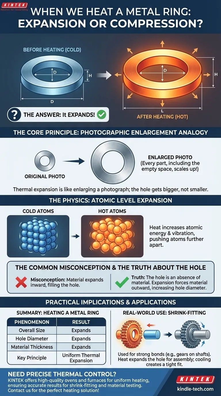 Quando riscaldiamo un anello metallico si espande o si comprime? Il foro diventa più grande, non più piccolo Guida Visiva