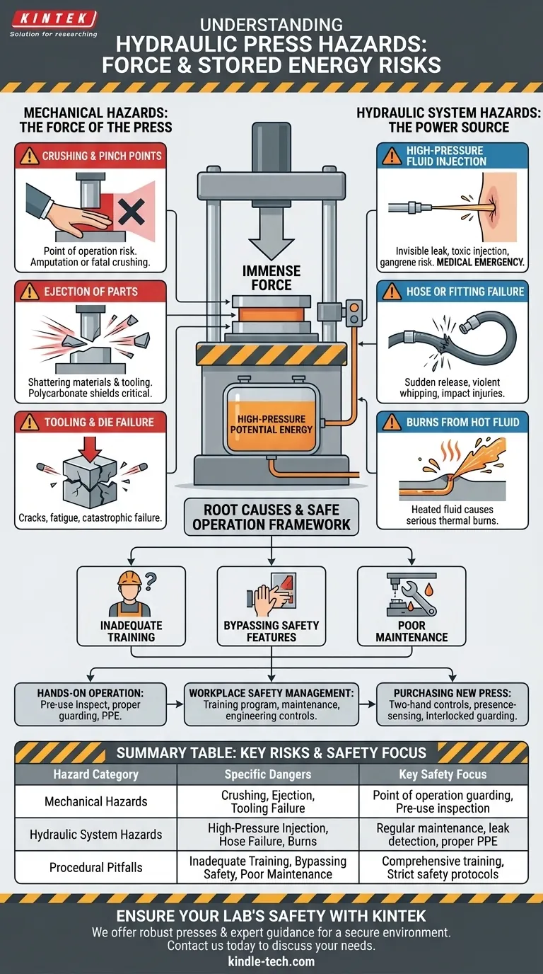 油圧プレスに関連する危険性は何ですか？圧砕、排出、および流体噴射のリスクを軽減する ビジュアルガイド
