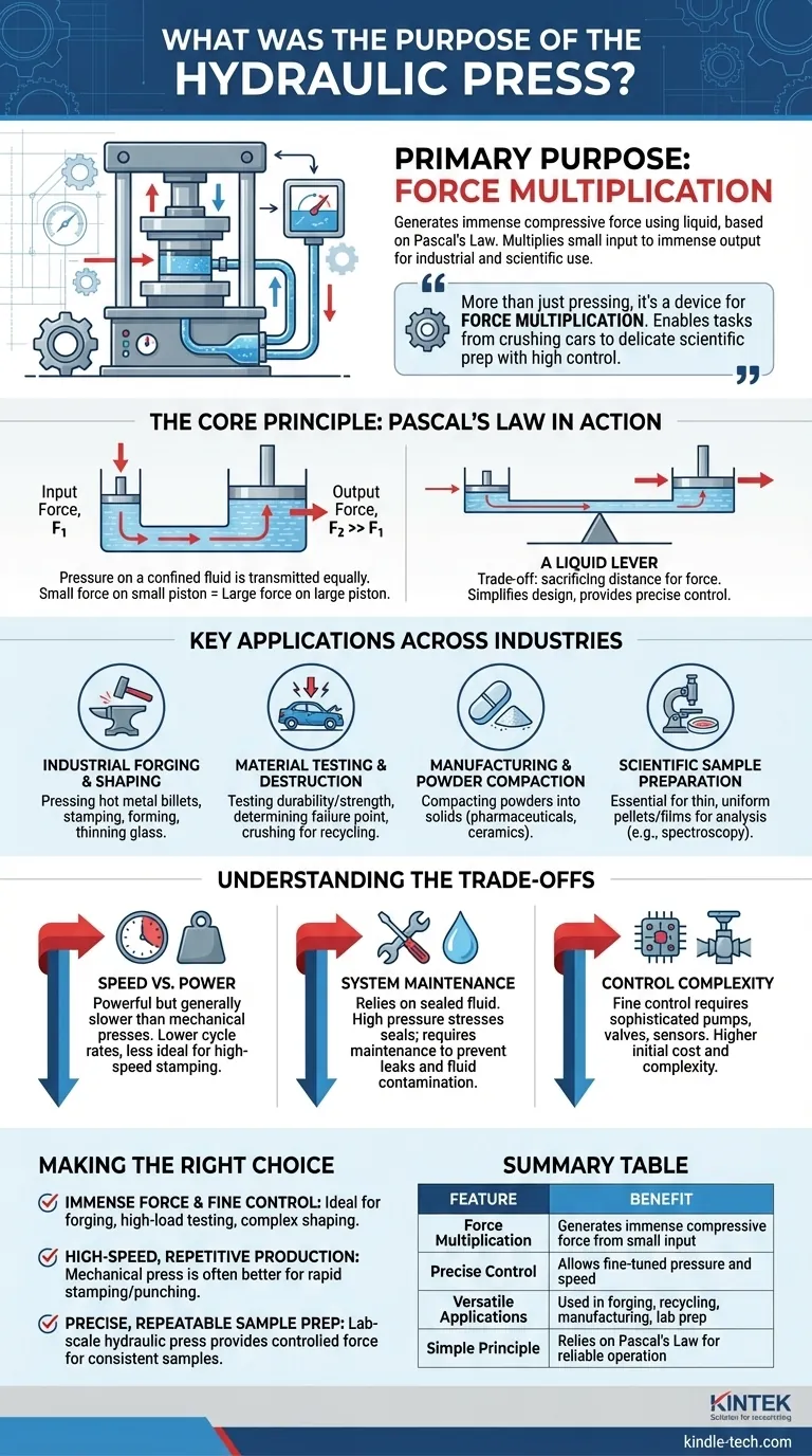 유압 프레스의 목적은 무엇이었습니까? 산업 및 실험실 응용 분야를 위한 막대한 힘 활용 시각적 가이드