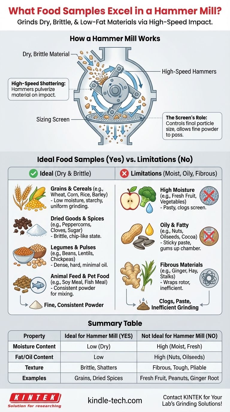 해머 밀(망치 분쇄기)로 분쇄하기에 적합한 식품 샘플 유형은 무엇입니까? 건조하고, 부서지기 쉬우며, 저지방 재료에 이상적입니다. 시각적 가이드