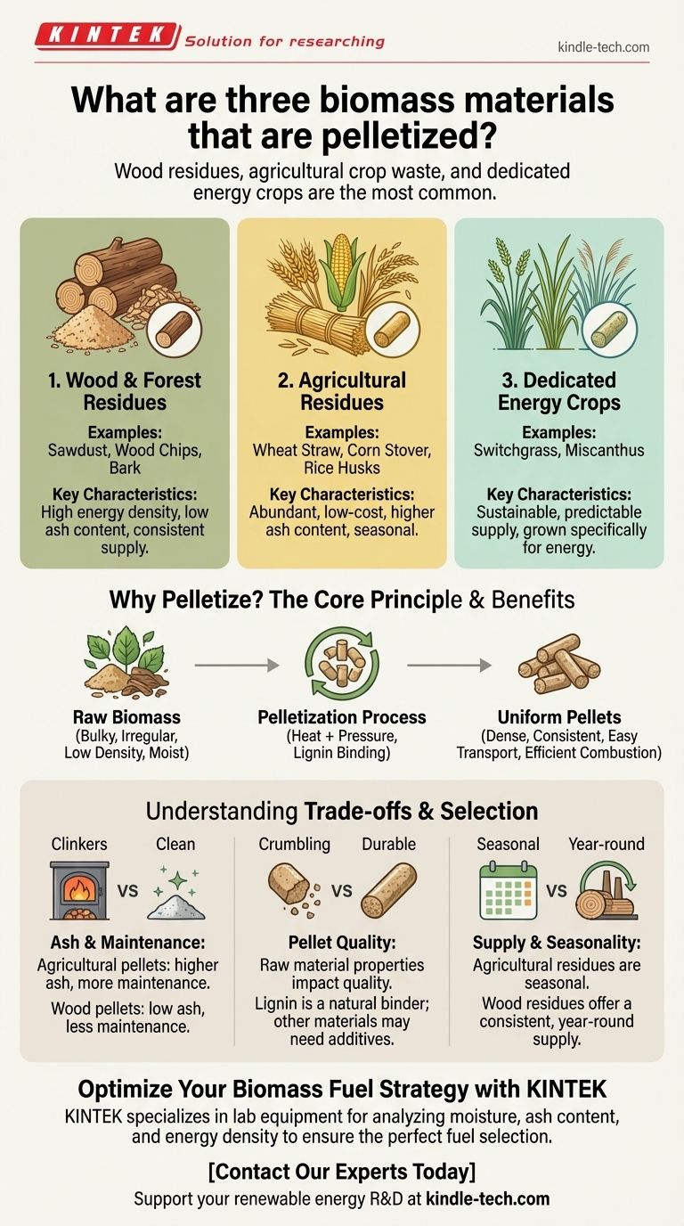 Quels sont les trois matériaux de biomasse qui sont transformés en granulés ? Bois, Déchets Agricoles et Cultures Énergétiques Guide Visuel